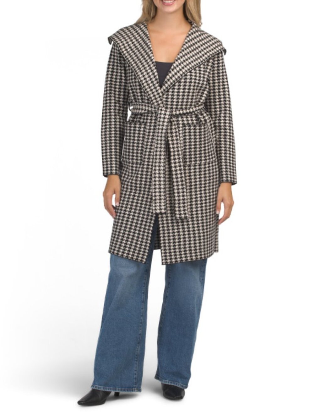 SIONI Houndstooth Duster Cardigan With Waist Tie Belt